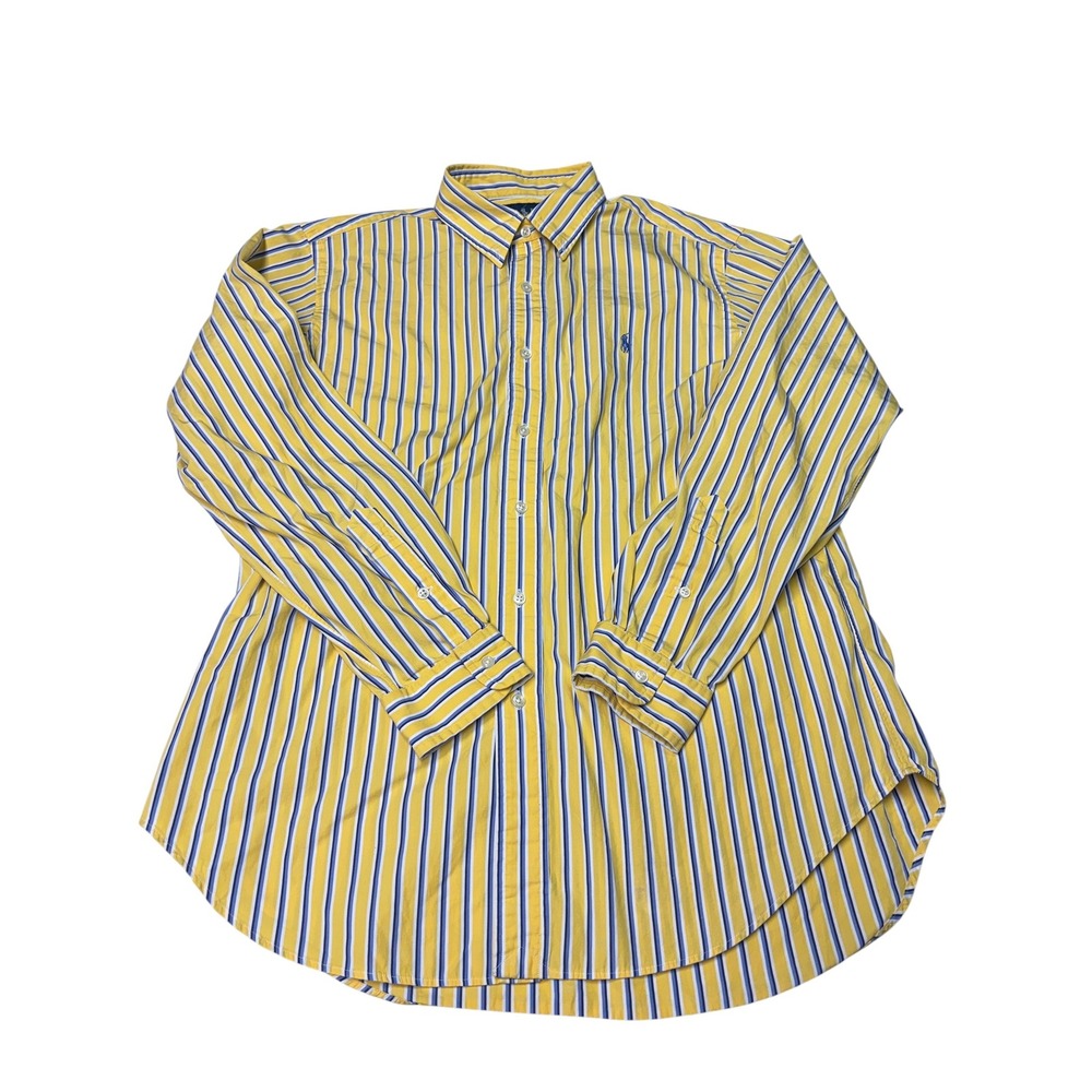 Ralph Lauren Classic Fit Mens Large Yellow Blue Striped Button Down Shirt Cotton